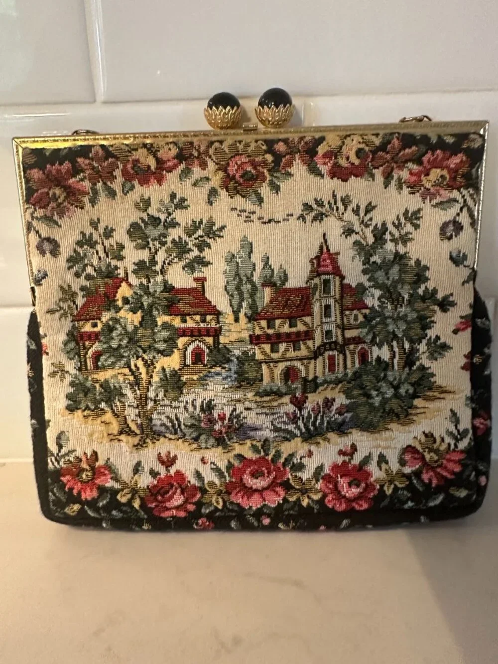 Vintage Mid-Century Tapestry Bag Clutch Pastoral Landscape Made in France Strap